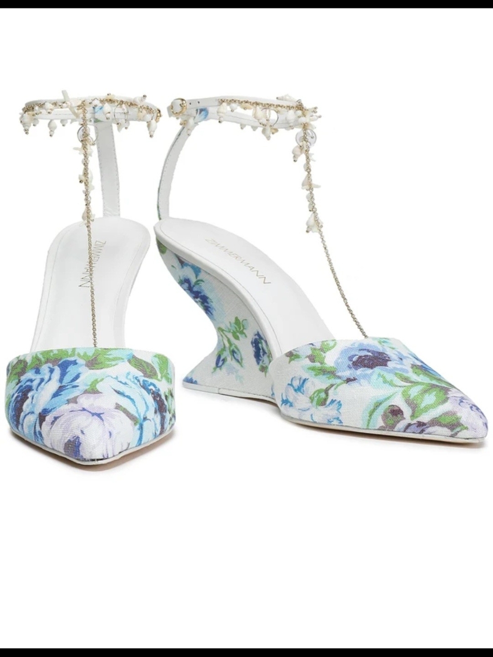 Zimmermann Floral Pointed Mules with Pearl Chain Ankle Straps - White/Blue/Green